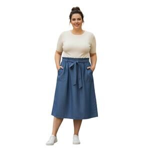 Liz Claiborne Womens SoftChambray Denim Midi Skirt TieWaist Pockets Blue 26"Long